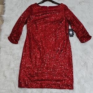 Vince Camuto Red Sequin Dress 3/4 Sleeve Size 14